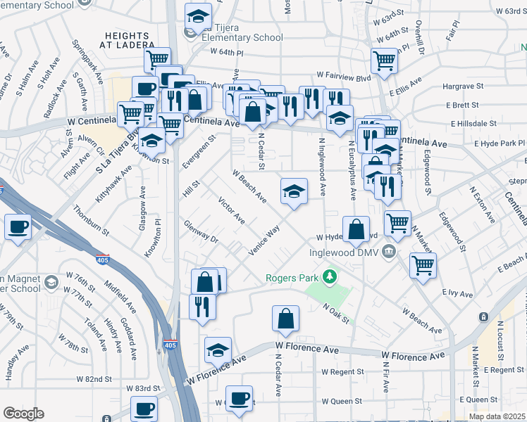 map of restaurants, bars, coffee shops, grocery stores, and more near 815 Victor Avenue in Inglewood
