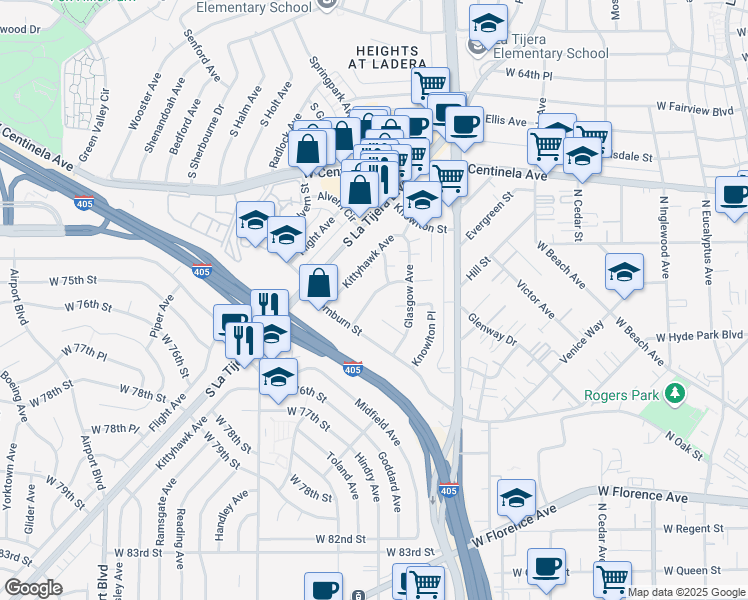 map of restaurants, bars, coffee shops, grocery stores, and more near 7144 Ramsgate Avenue in Los Angeles