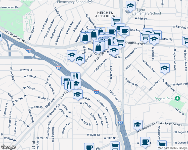 map of restaurants, bars, coffee shops, grocery stores, and more near 5419 1/2 Thornburn Street in Los Angeles