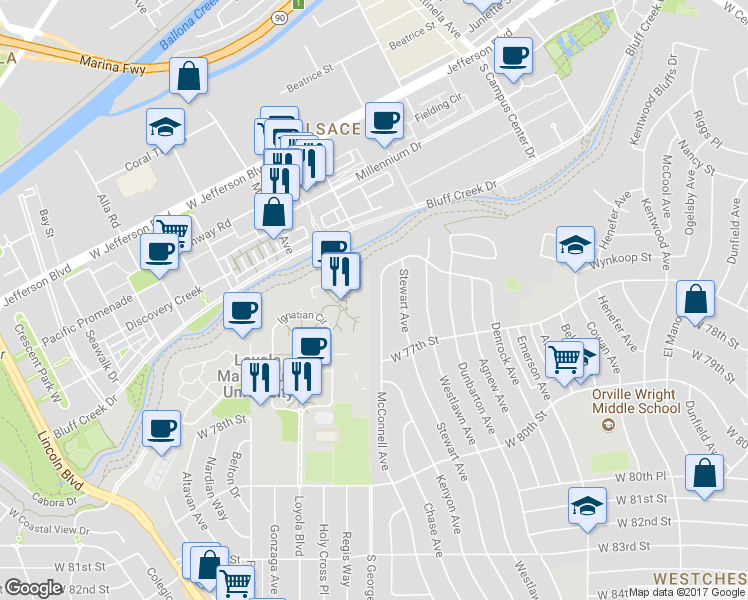 map of restaurants, bars, coffee shops, grocery stores, and more near 7530 McConnell Avenue in Los Angeles