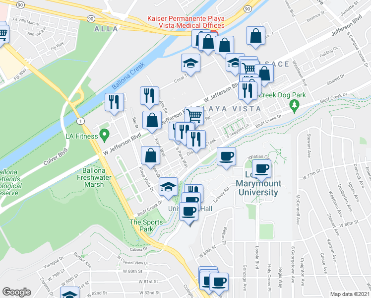 map of restaurants, bars, coffee shops, grocery stores, and more near 6043 South Para Way in Los Angeles
