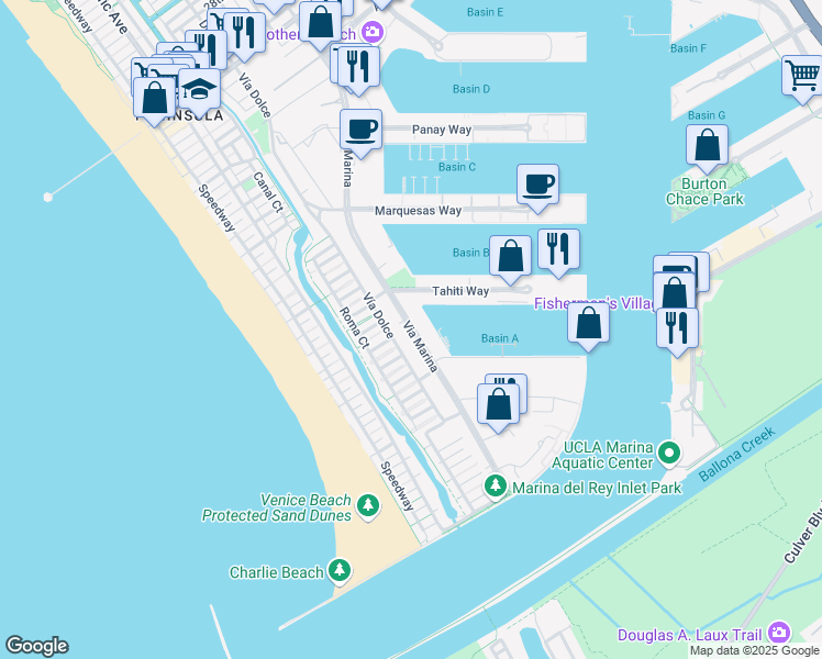 map of restaurants, bars, coffee shops, grocery stores, and more near 4712 Via Dolce in Marina del Rey