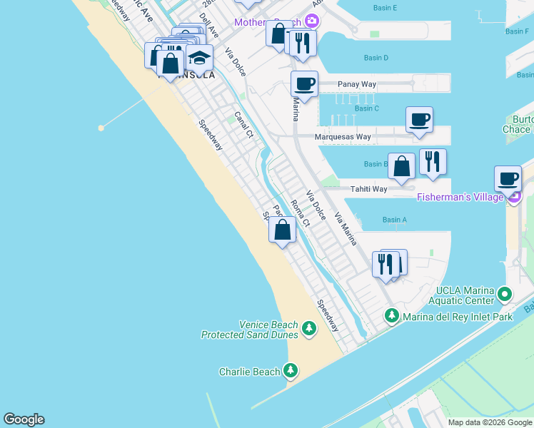 map of restaurants, bars, coffee shops, grocery stores, and more near 4403 Ocean Front Walk in Marina del Rey
