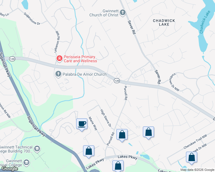 map of restaurants, bars, coffee shops, grocery stores, and more near 1749 Tailmore Lane Northwest in Lawrenceville