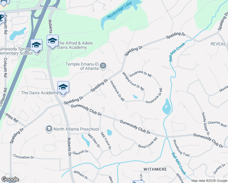 map of restaurants, bars, coffee shops, grocery stores, and more near 8180 Innsbruck Drive Northeast in Atlanta