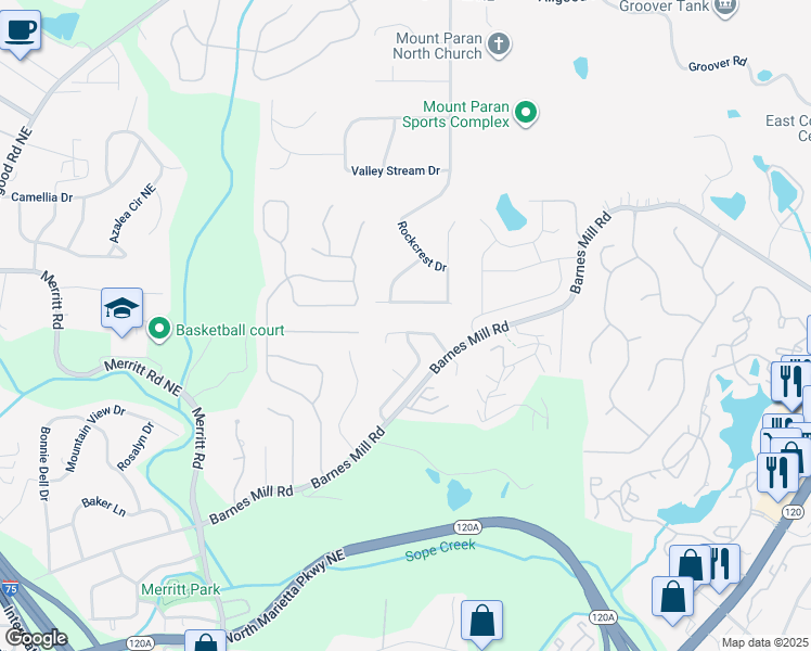 map of restaurants, bars, coffee shops, grocery stores, and more near 1541 Cedar Bluff Trail in Marietta
