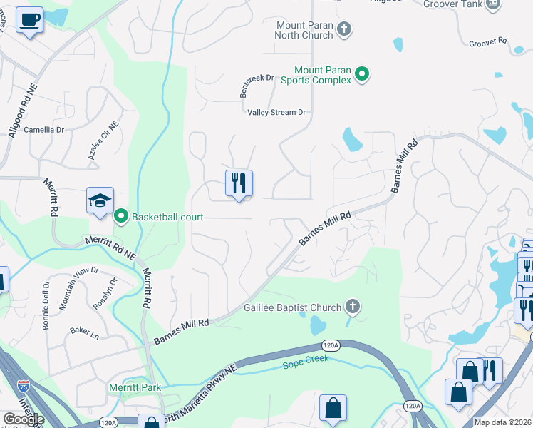 map of restaurants, bars, coffee shops, grocery stores, and more near 1541 Cedar Bluff Trail in Marietta