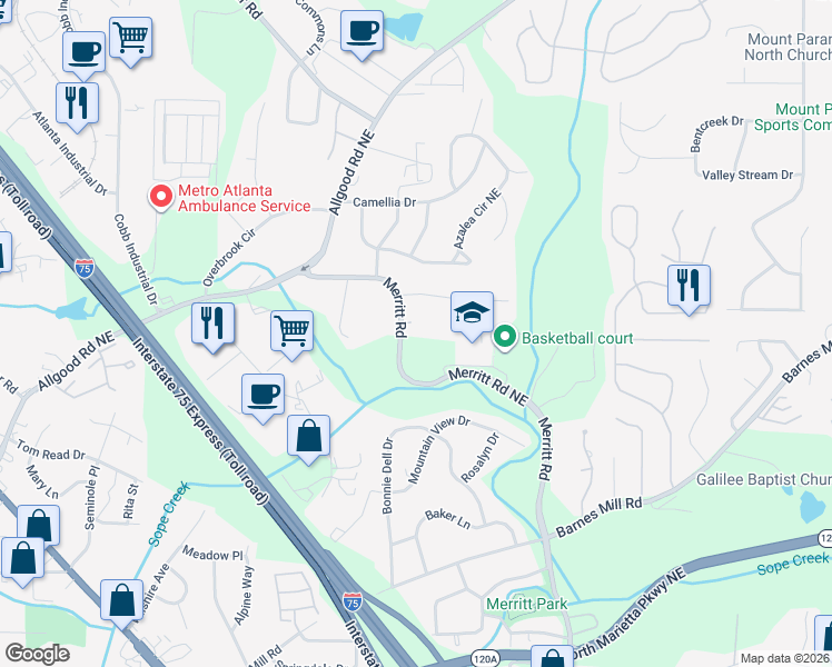 map of restaurants, bars, coffee shops, grocery stores, and more near 1087 Merritt Road in Marietta