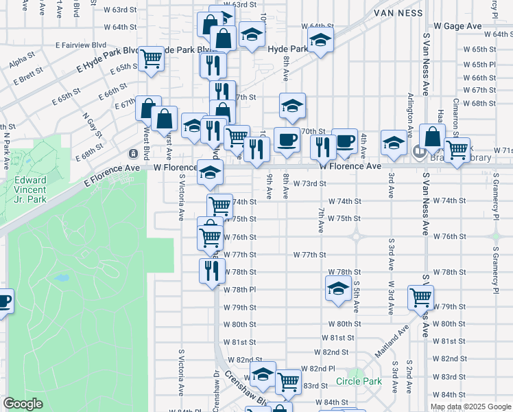map of restaurants, bars, coffee shops, grocery stores, and more near 3154 West 74th Street in Los Angeles