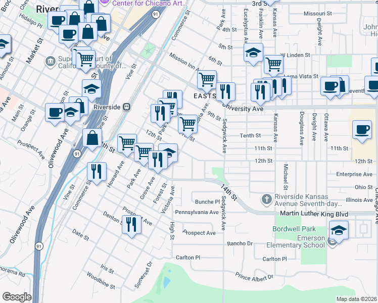 map of restaurants, bars, coffee shops, grocery stores, and more near 2610 12th Street in Riverside