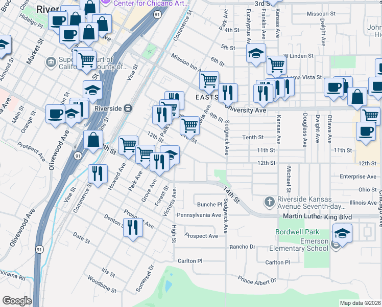 map of restaurants, bars, coffee shops, grocery stores, and more near 4149 Sedgwick Avenue in Riverside
