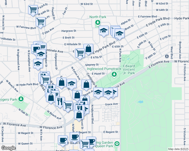 map of restaurants, bars, coffee shops, grocery stores, and more near 520 East Hazel Street in Inglewood