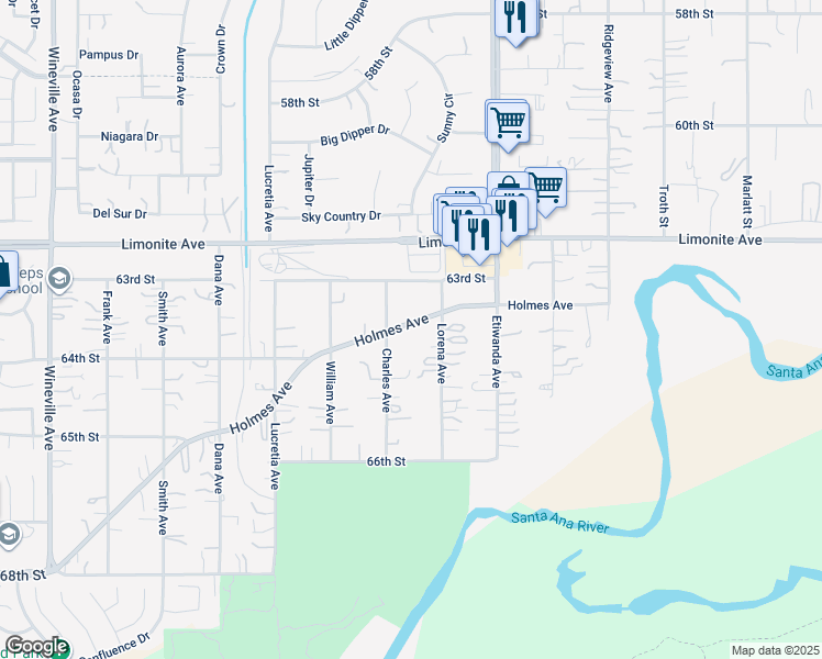 map of restaurants, bars, coffee shops, grocery stores, and more near Holmes Avenue in Jurupa Valley