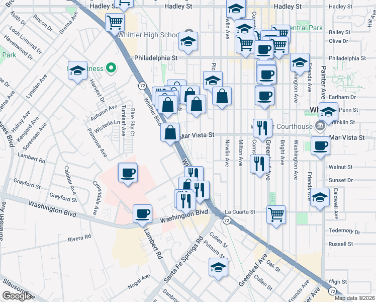 map of restaurants, bars, coffee shops, grocery stores, and more near 12438 Amesbury Circle in Whittier