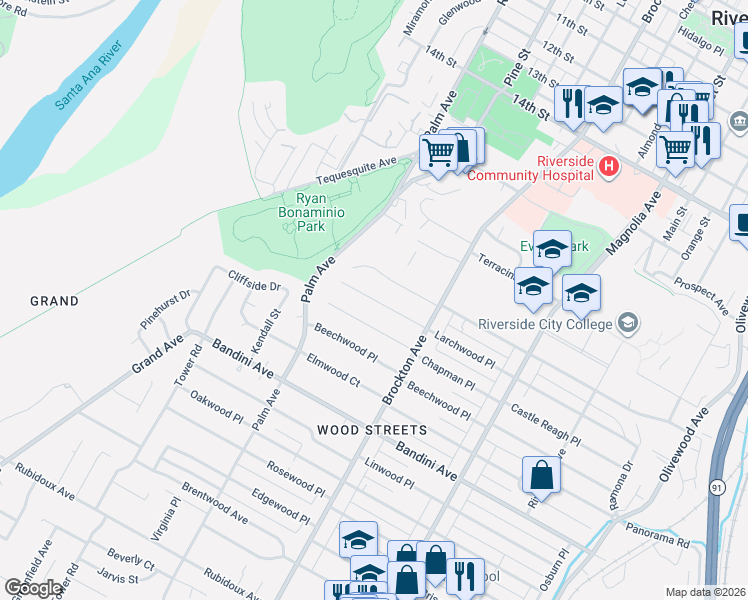 map of restaurants, bars, coffee shops, grocery stores, and more near 4274 Larchwood Place in Riverside