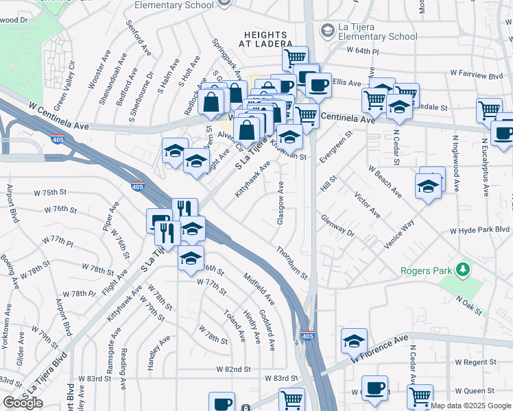 map of restaurants, bars, coffee shops, grocery stores, and more near 7144 Ramsgate Avenue in Los Angeles