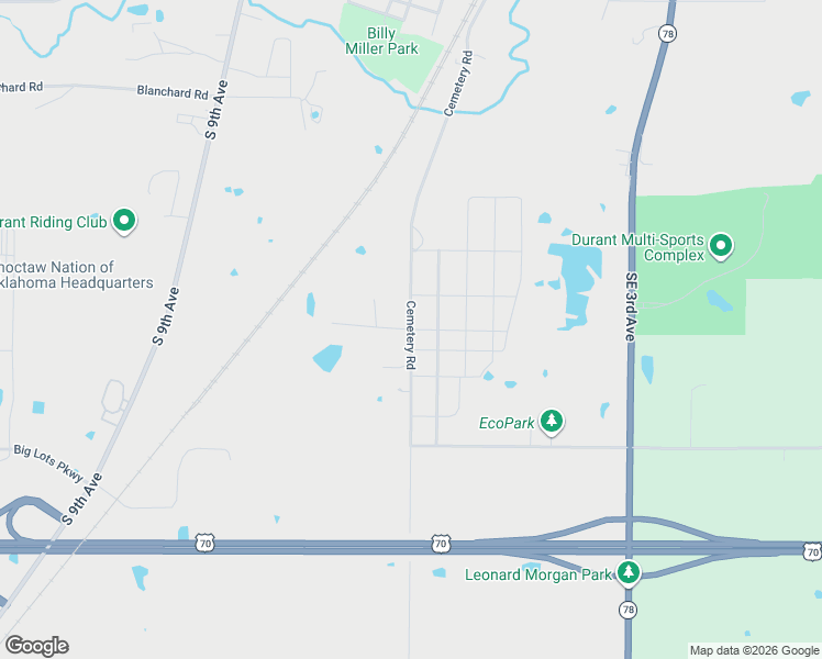 map of restaurants, bars, coffee shops, grocery stores, and more near 2011 Cemetery Road in Durant