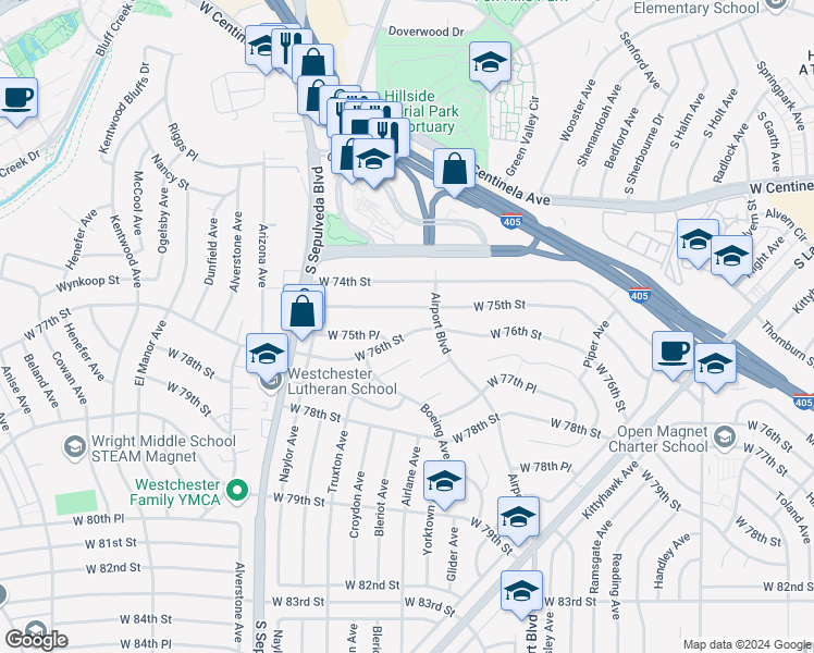 map of restaurants, bars, coffee shops, grocery stores, and more near 6027 West 76th Street in Los Angeles