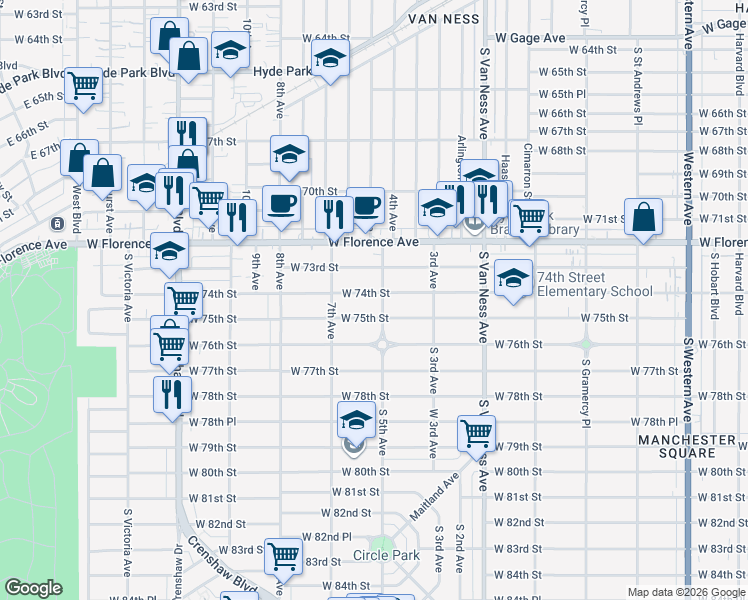 map of restaurants, bars, coffee shops, grocery stores, and more near 2623 West 75th Street in Los Angeles