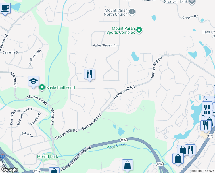 map of restaurants, bars, coffee shops, grocery stores, and more near 1541 Cedar Bluff Trail in Marietta