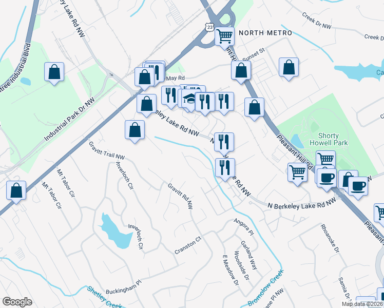 map of restaurants, bars, coffee shops, grocery stores, and more near 4007 Howell Park Road in Duluth