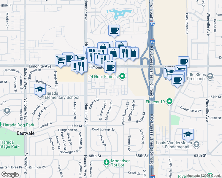map of restaurants, bars, coffee shops, grocery stores, and more near 12463 Phoenix Court in Eastvale