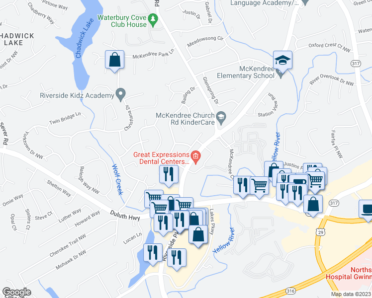 map of restaurants, bars, coffee shops, grocery stores, and more near 995 Bass Court North West in Lawrenceville