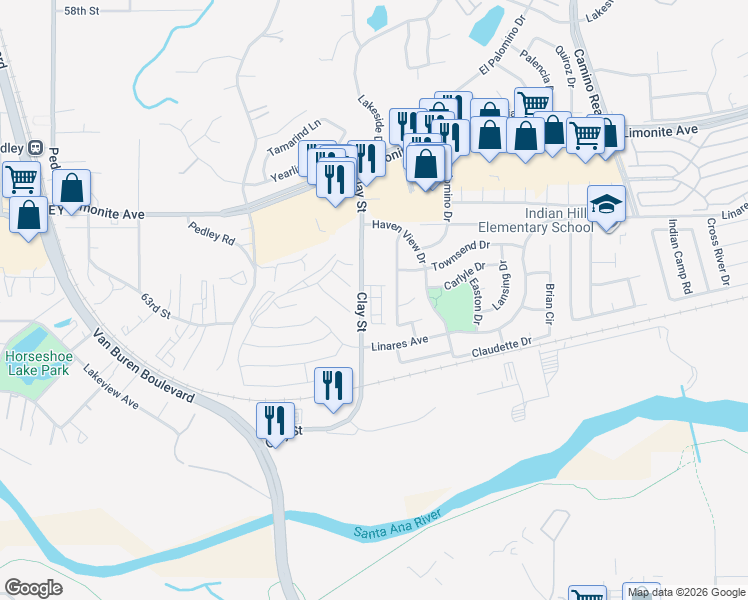 map of restaurants, bars, coffee shops, grocery stores, and more near in Jurupa Valley