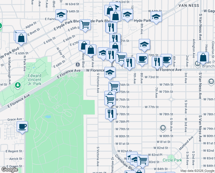 map of restaurants, bars, coffee shops, grocery stores, and more near 3416 West 74th Street in Los Angeles