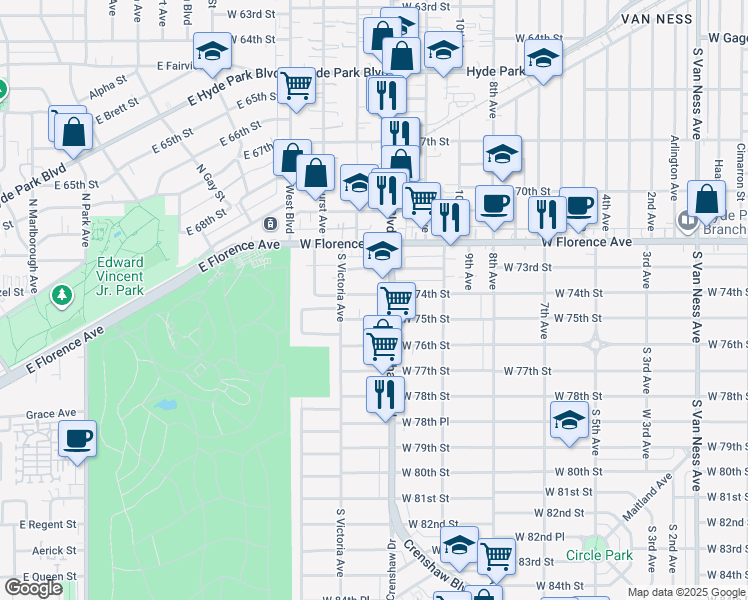 map of restaurants, bars, coffee shops, grocery stores, and more near 3429 West 75th Street in Los Angeles