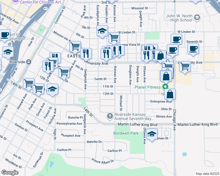 map of restaurants, bars, coffee shops, grocery stores, and more near 2158 11th Street in Riverside