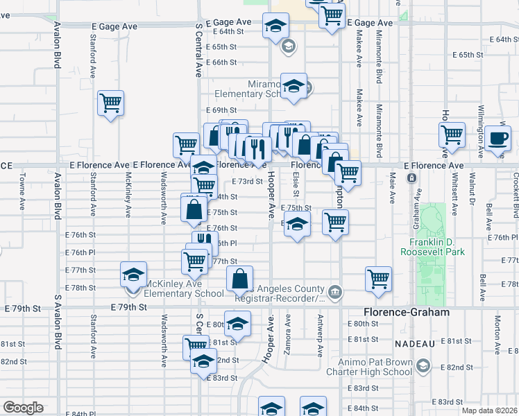 map of restaurants, bars, coffee shops, grocery stores, and more near 1254 East 75th Street in Los Angeles
