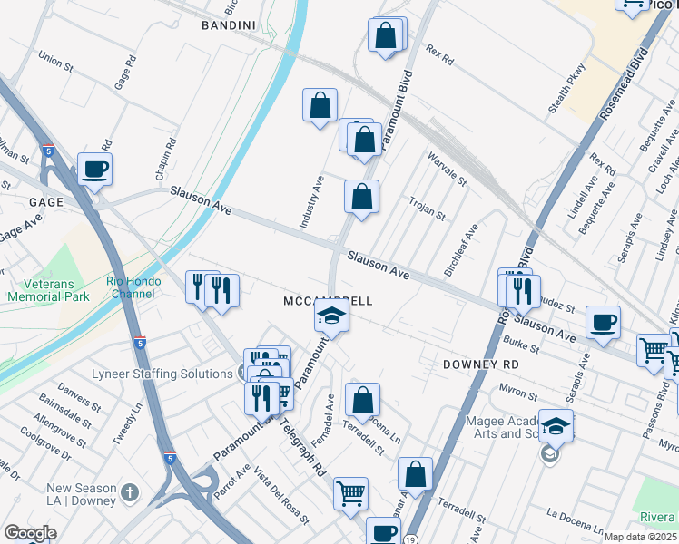 map of restaurants, bars, coffee shops, grocery stores, and more near 7930 Paramount Boulevard in Pico Rivera