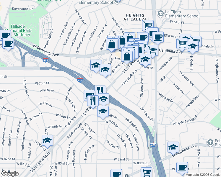 map of restaurants, bars, coffee shops, grocery stores, and more near 5522 Thornburn Street in Los Angeles