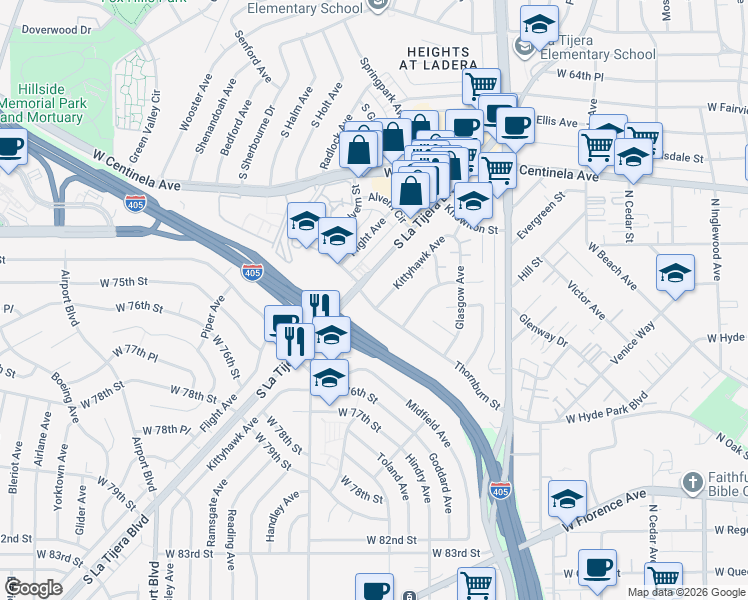 map of restaurants, bars, coffee shops, grocery stores, and more near 5503 Thornburn Street in Los Angeles