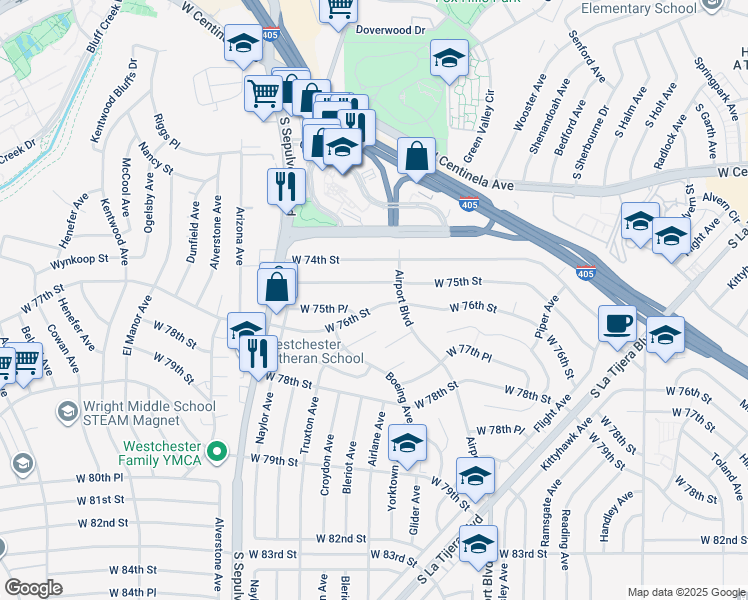 map of restaurants, bars, coffee shops, grocery stores, and more near 6027 West 76th Street in Los Angeles