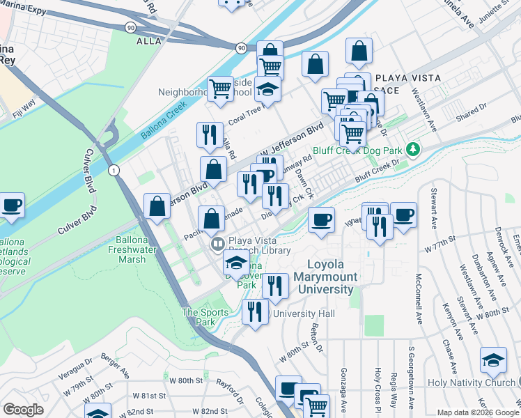 map of restaurants, bars, coffee shops, grocery stores, and more near 13020 Pacific Promenade in Los Angeles
