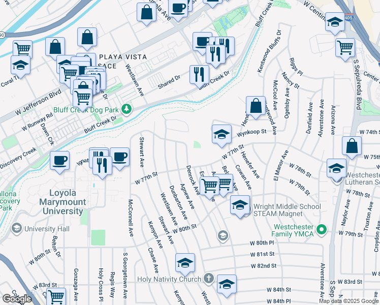 map of restaurants, bars, coffee shops, grocery stores, and more near 7510 Denrock Avenue in Los Angeles
