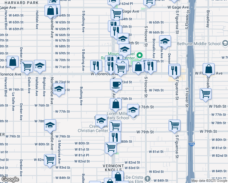 map of restaurants, bars, coffee shops, grocery stores, and more near 7414 South Vermont Avenue in Los Angeles