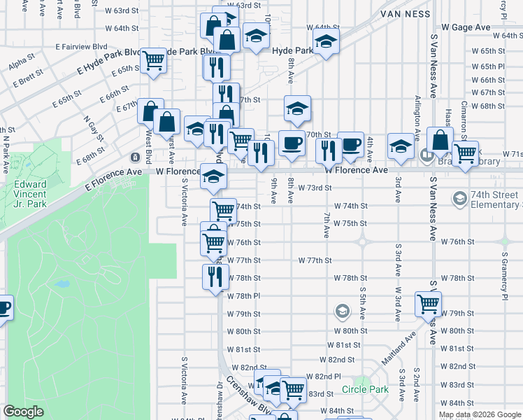 map of restaurants, bars, coffee shops, grocery stores, and more near 3156 West 74th Street in Los Angeles