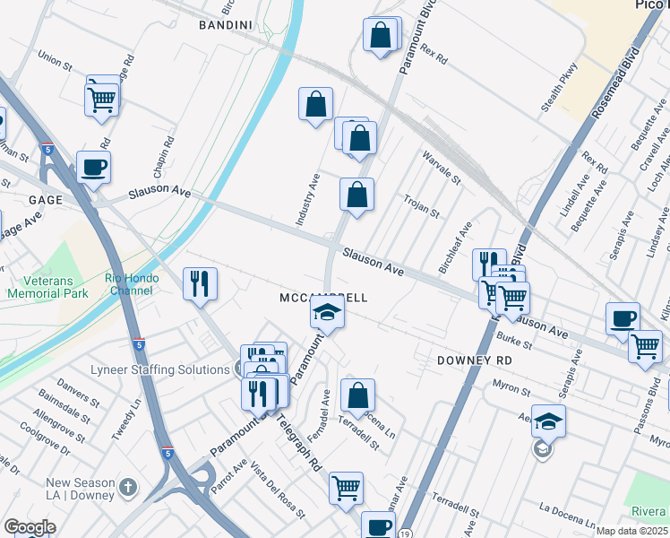 map of restaurants, bars, coffee shops, grocery stores, and more near 7930 Paramount Boulevard in Pico Rivera