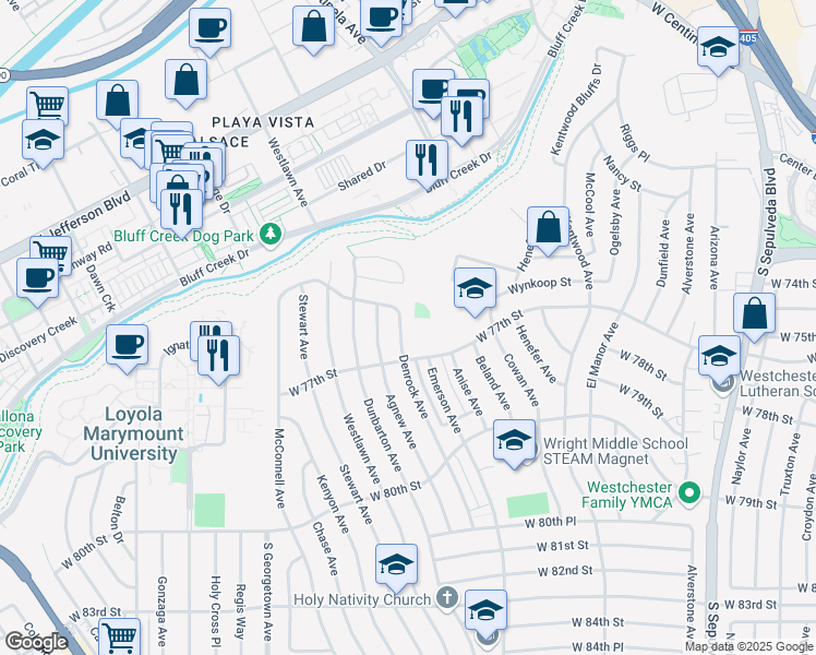 map of restaurants, bars, coffee shops, grocery stores, and more near 7510 Denrock Avenue in Los Angeles