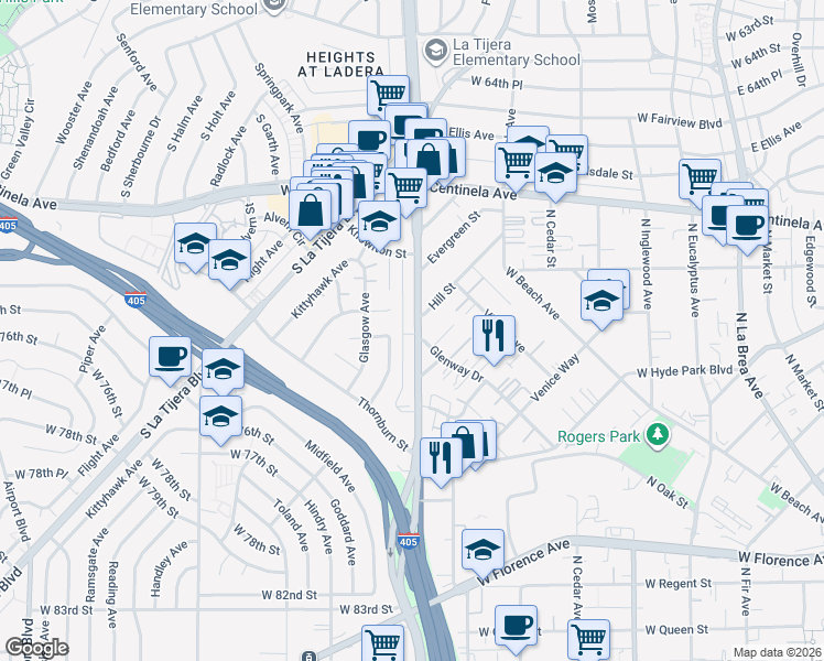 map of restaurants, bars, coffee shops, grocery stores, and more near 7055 South La Cienega Boulevard in Los Angeles