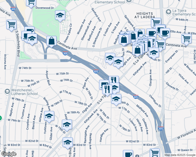map of restaurants, bars, coffee shops, grocery stores, and more near 5736 West 74th Street in Los Angeles