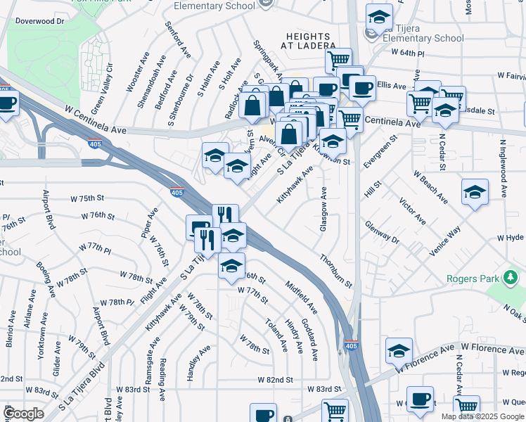 map of restaurants, bars, coffee shops, grocery stores, and more near 5419 1/2 Thornburn Street in Los Angeles