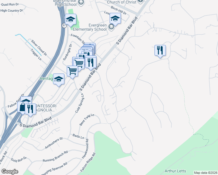 map of restaurants, bars, coffee shops, grocery stores, and more near 3145 Steeplechase Lane in Diamond Bar