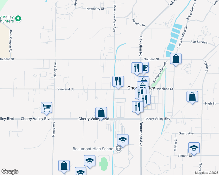 map of restaurants, bars, coffee shops, grocery stores, and more near 38964 Vineland Street in Beaumont