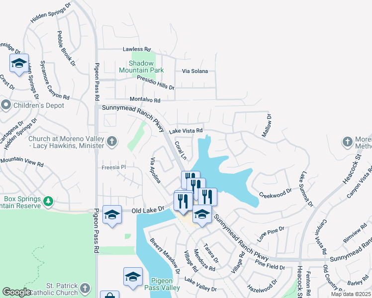 map of restaurants, bars, coffee shops, grocery stores, and more near 23457 Nautical Circle in Moreno Valley