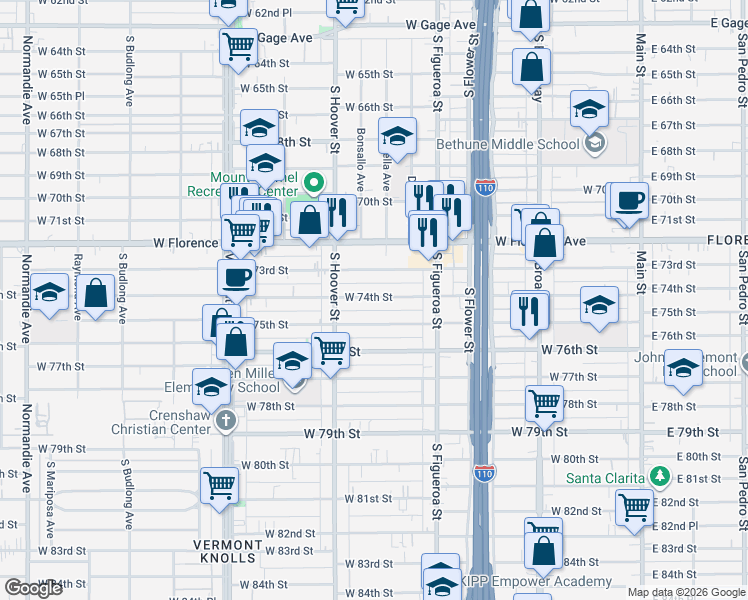map of restaurants, bars, coffee shops, grocery stores, and more near 701 West 75th Street in Los Angeles