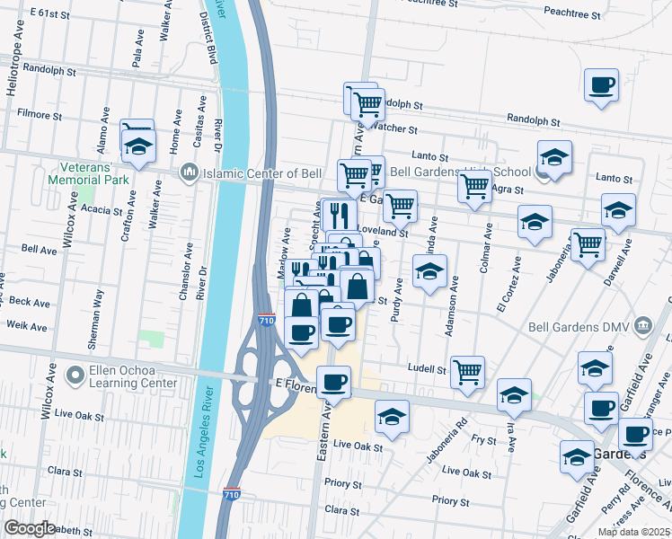 map of restaurants, bars, coffee shops, grocery stores, and more near 6630 Eastern Avenue in Bell Gardens